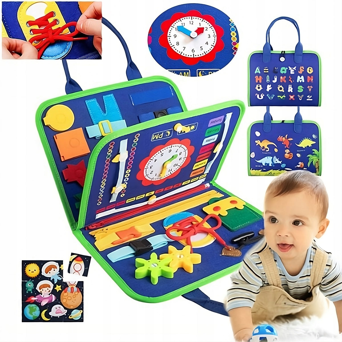 Montessori Sensory Manipulation Board Folding Case Blue Manufacturer code TABLICA MANIPULACYJNA DINOZAURY