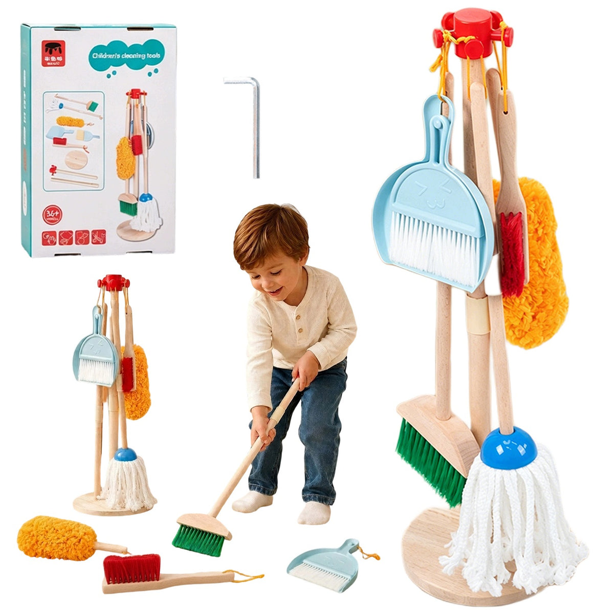 Montessori Wooden Cleaning Kit, Broom and Drawer for Kids