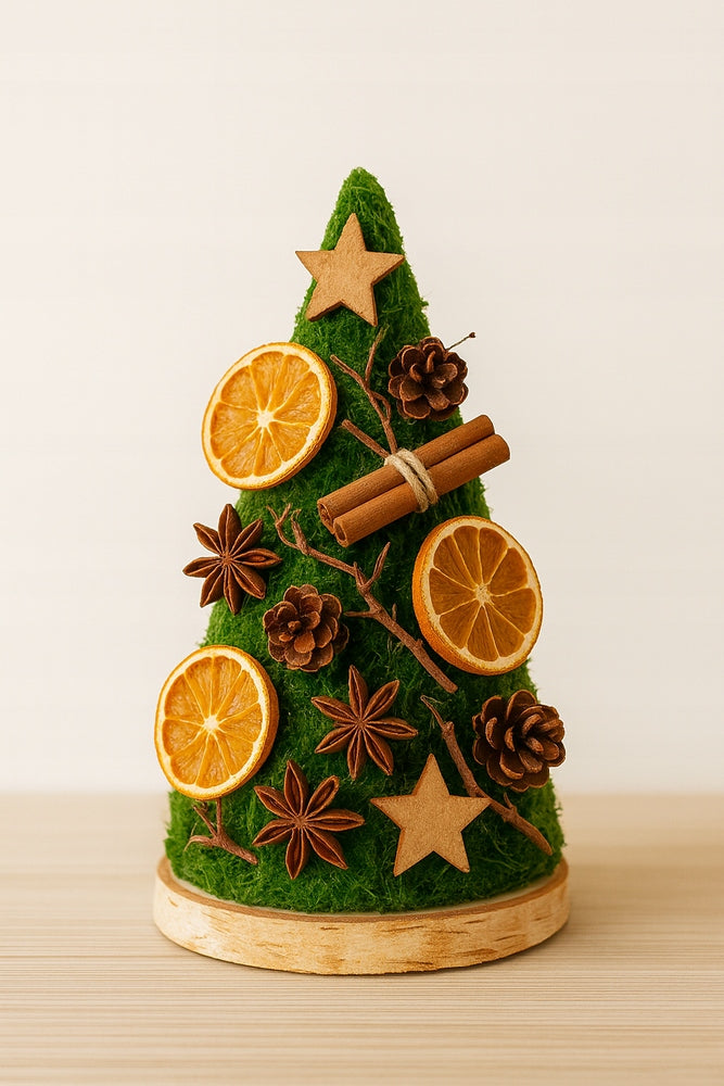 Moss Christmas tree 24 cm on birch patch with cinnamon, oranges and anise