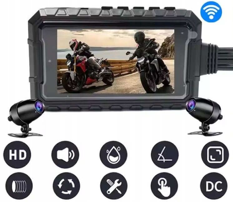 Motorcycle Camera Driving Recorder FHD FRONT + REAR Wi-Fi Screen Model G-Sensor kamera przód i tył do motoru skutera