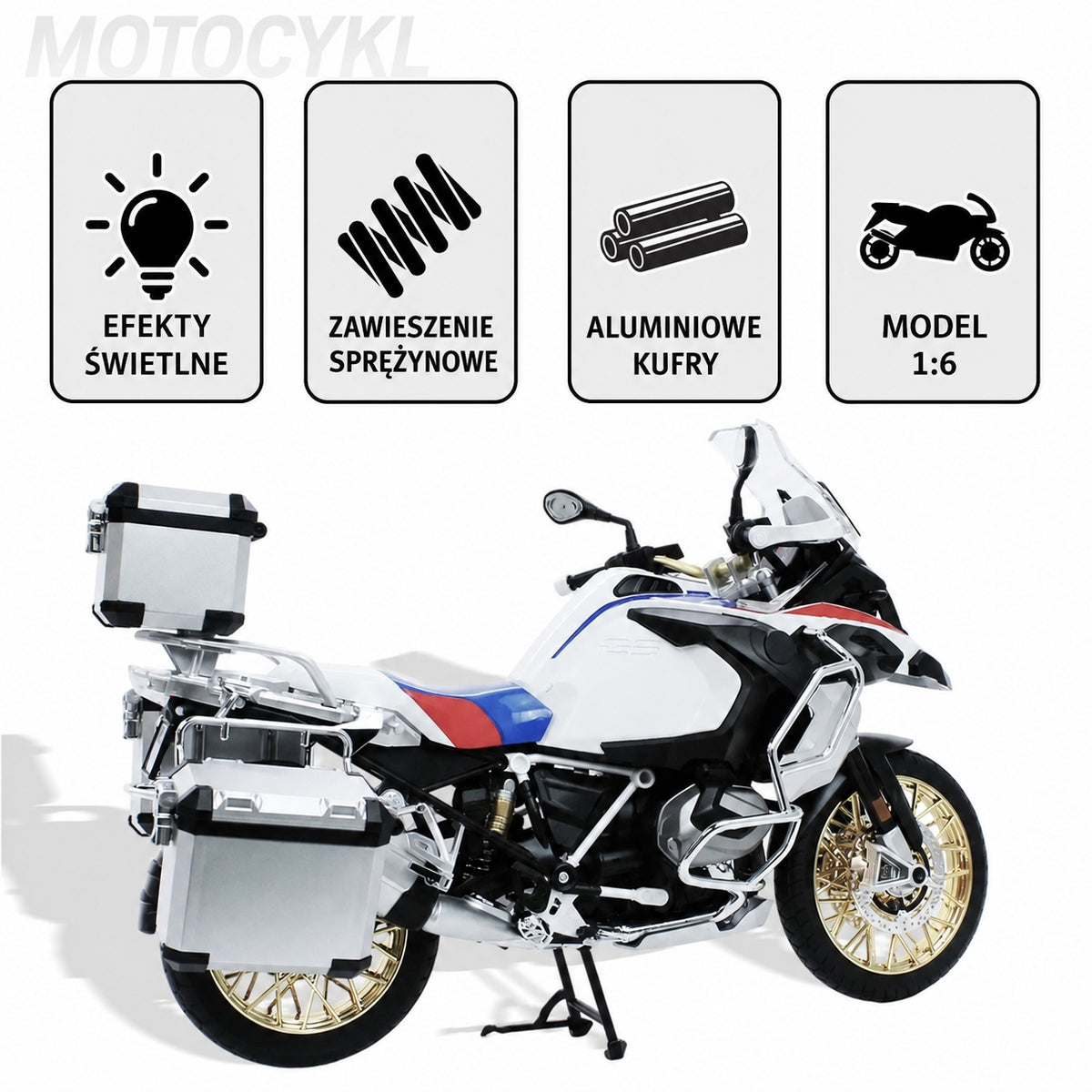 Motorcycle R1250 GS 1:6 Metal Light Sounds 3 Trunks XXL Collectible Brand no brand