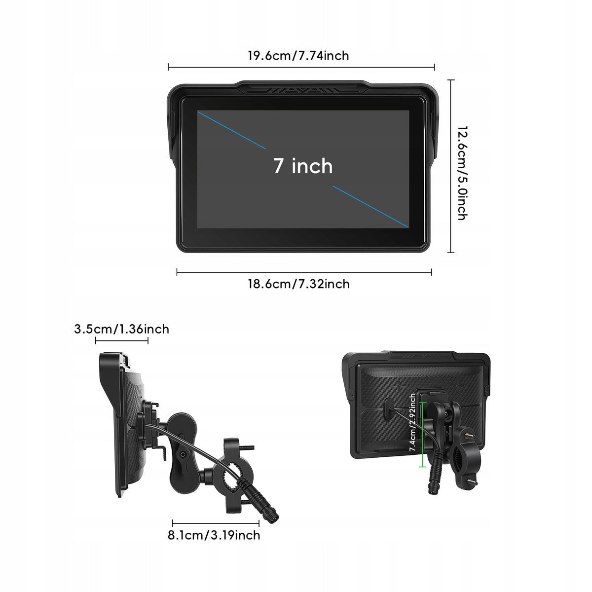 Motorcycle Screen CarPlay Android Auto 7” Podofo A4629 + IP67 control Manufacturer code A4629