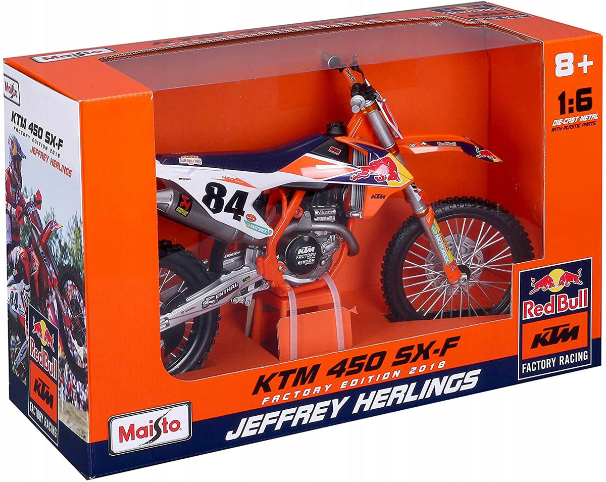 Motorcycle model Maisto KTM 450 SX- F Factory Edition 2018 1/ 6 with number Brand Maisto