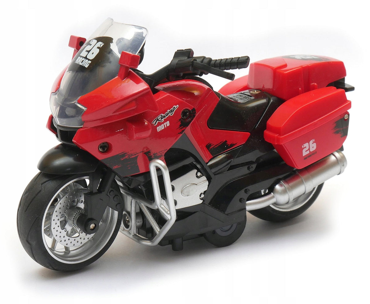 Motorcycle with drive and sound in a box with a window