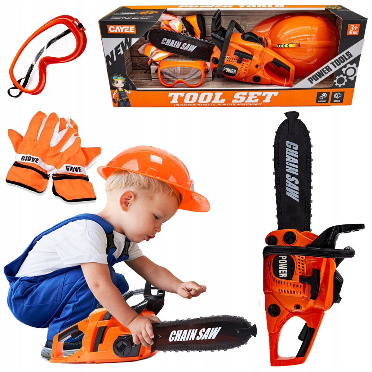 Motorized Combustion Chainsaw for Baby Helmet Glasses Gloves Sound