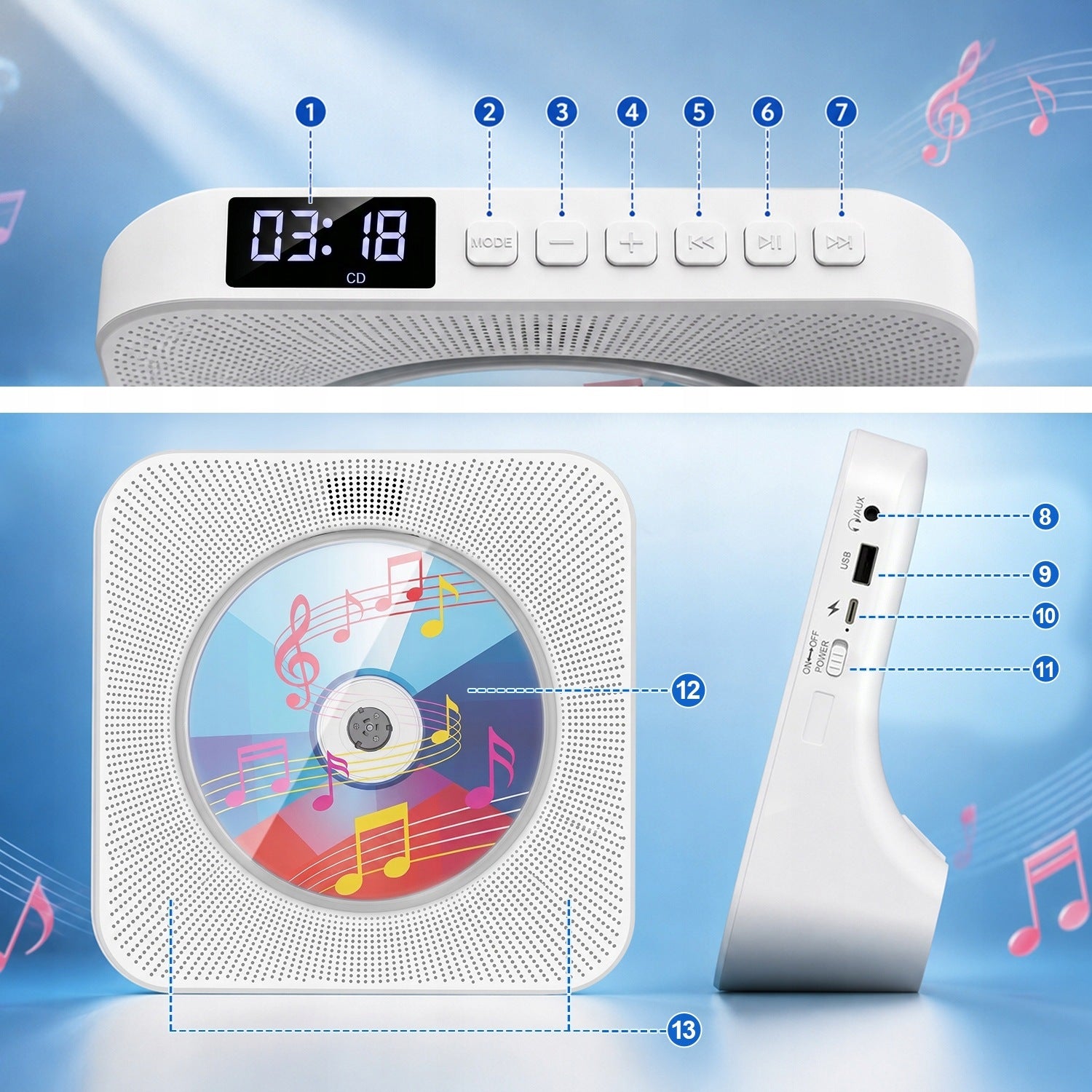 Multi-function CD player with Bluetooth and display, white Brand no brand