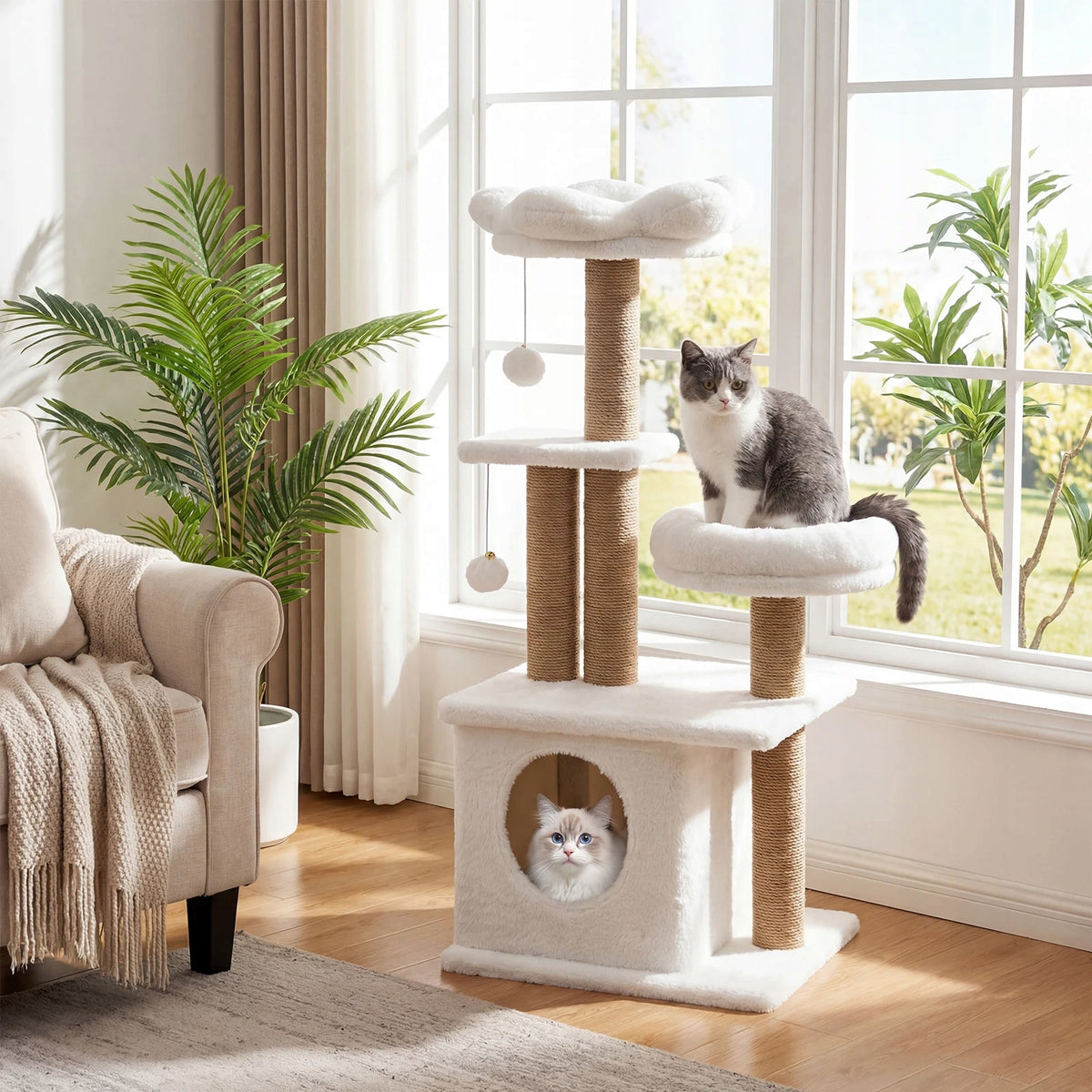 Multi-level cat scratcher with cottage and 2 balls Manufacturer code PV10567MW