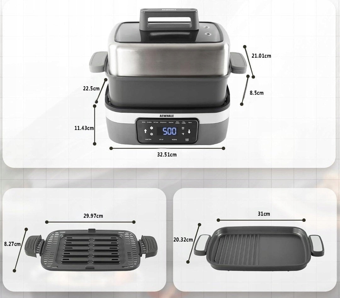 Multicooker AEWHALE 8in1 with air fryer, rice cooker, slow cooker, steamer, etc. Manufacturer code SPR 6300BK