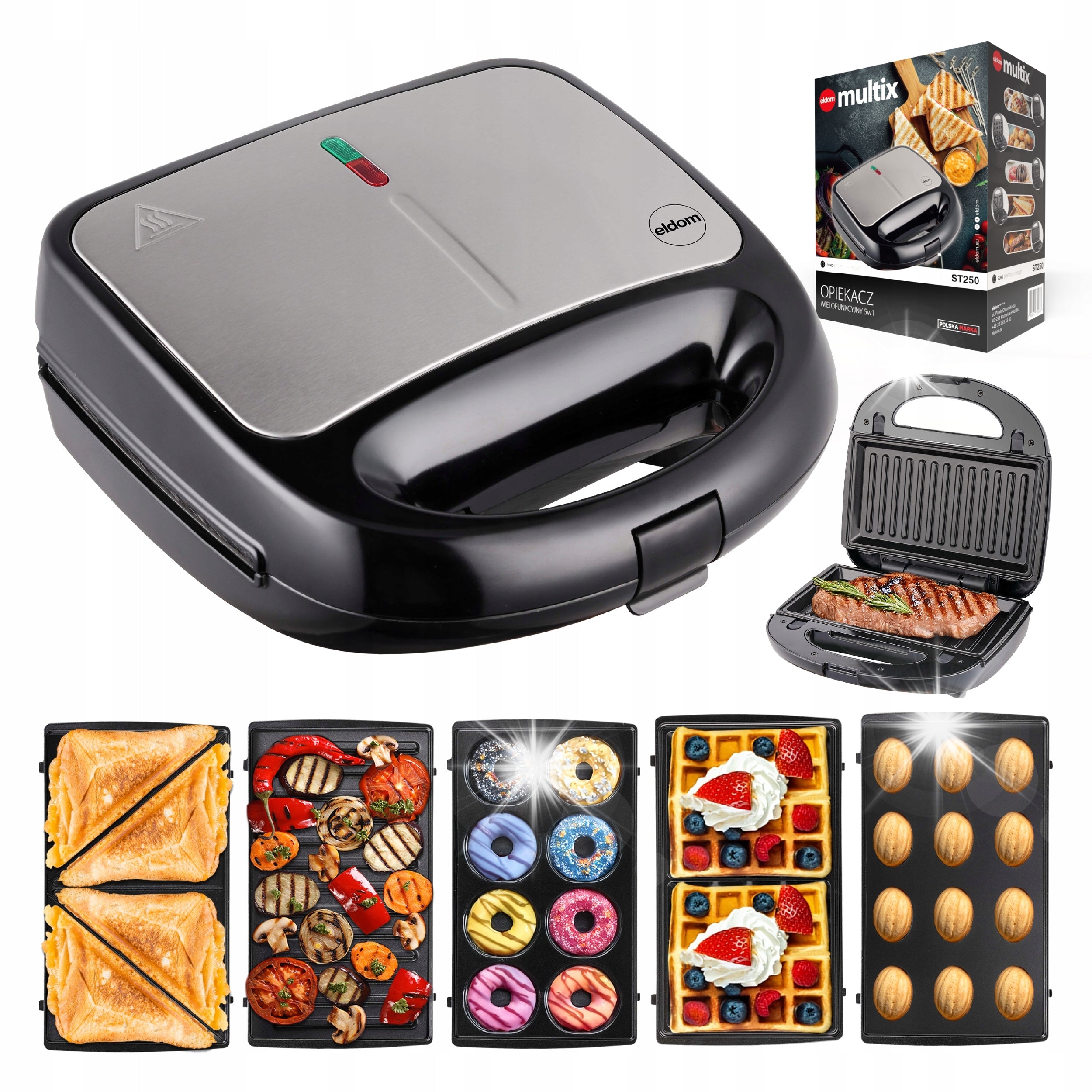 Multifunction Toaster ELDOM ST250 5in1 Toast Grill Waffles Peanuts Donata