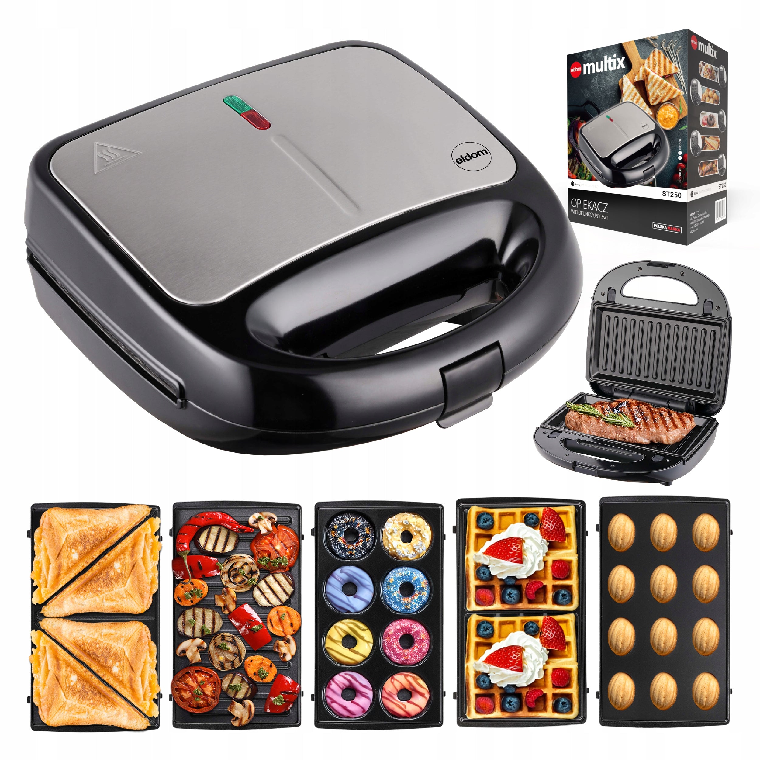 Multifunction Toaster ST250 Eldom 5 in 1 Toast Grill Waffles Peanuts Donata