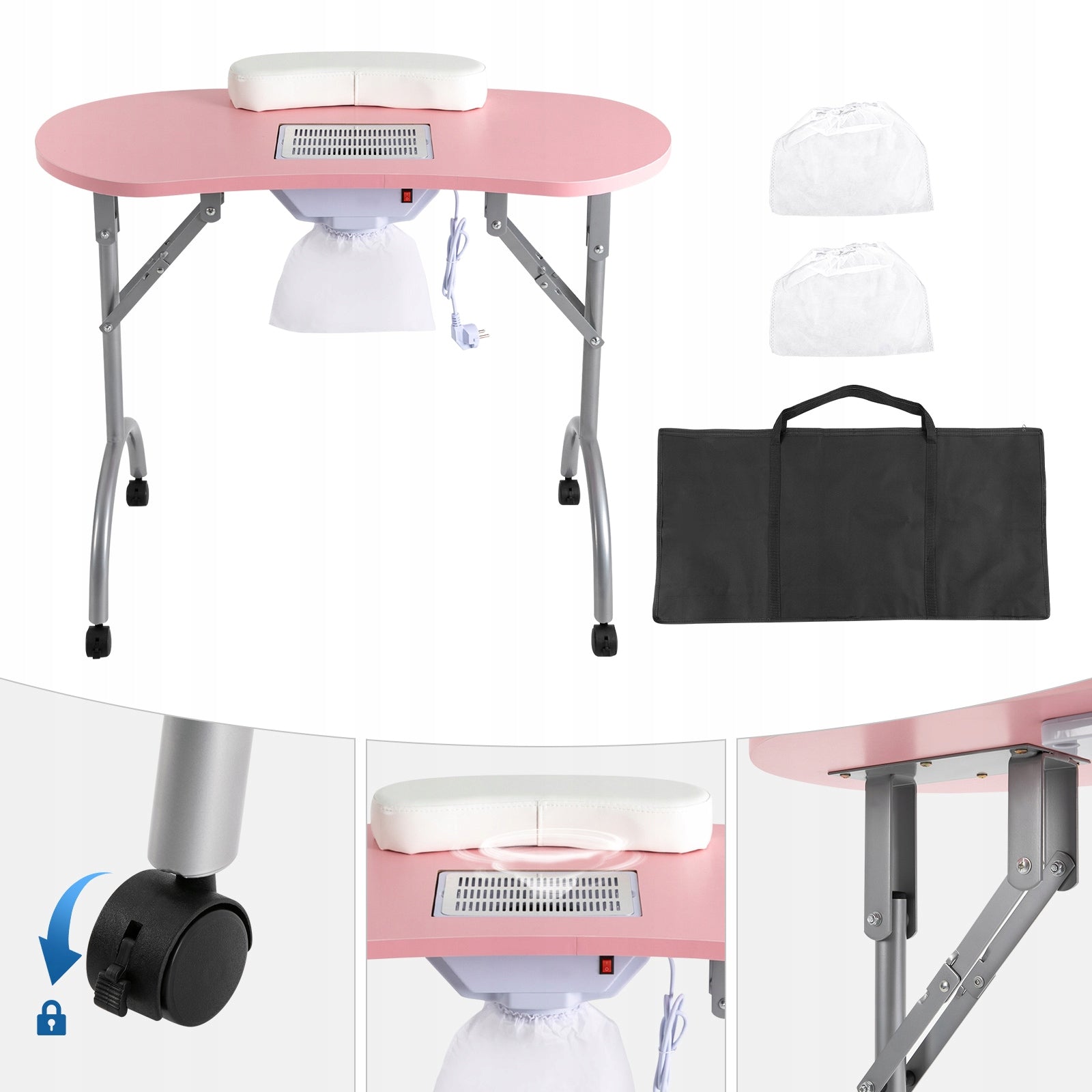 Multifunctional Manicure Table with Fan and Suction Cups, Foldable (Pink) Packaging status original