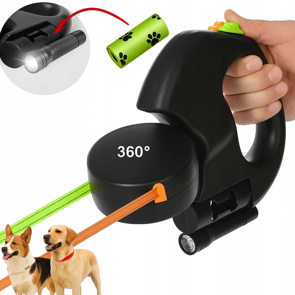 Multifunctional automatic leash for two dogs, cats with flashlight + FREEBIE Manufacturer code SMYCZ AUTOMATYCZNA DLA PSA OBROTOWA 360°