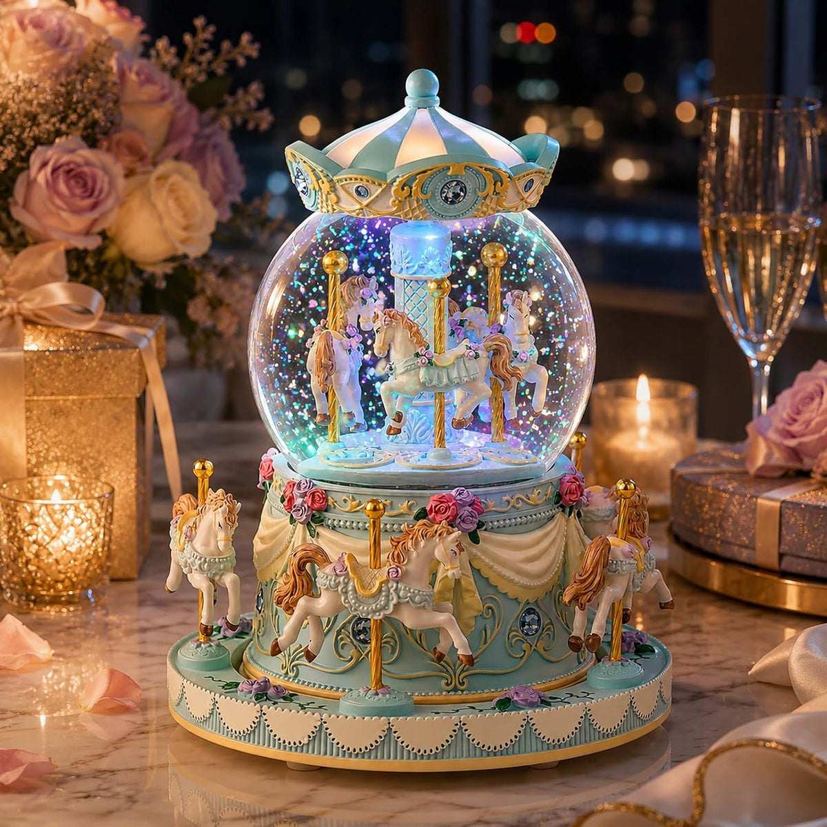 Music Box Snowball Carousel with Horses LED Gift for Girl