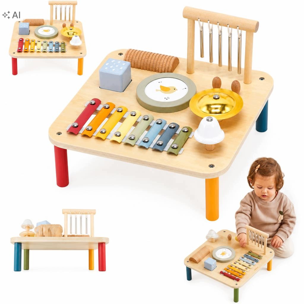 Music Table Wooden Educational 7in1 Instruments Cymbals Children 18mc