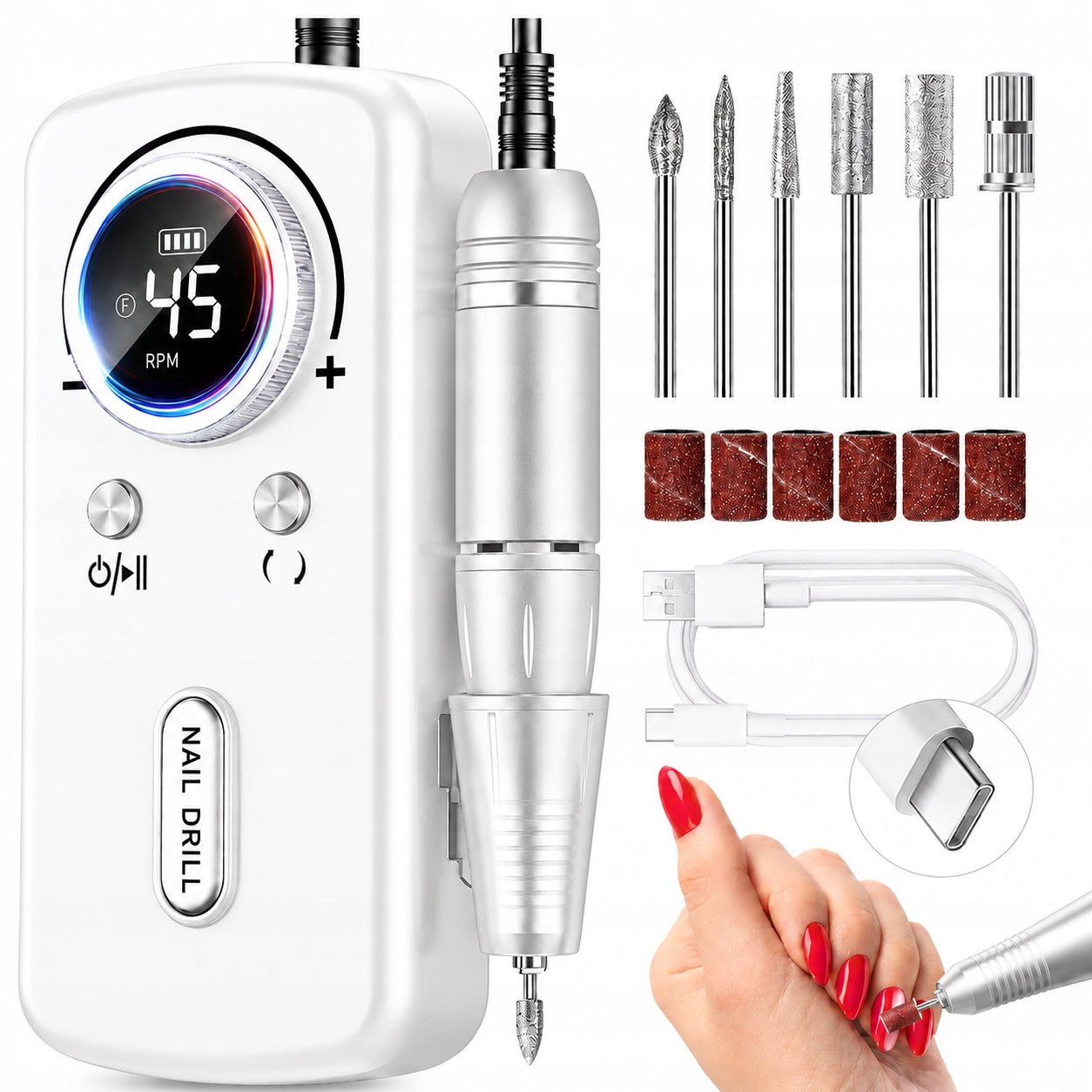 NAIL MILLING MACHINE ANGNYA V1 WHITE 45000RPM LCD HYBRIDS PRO + ACCESSORIES