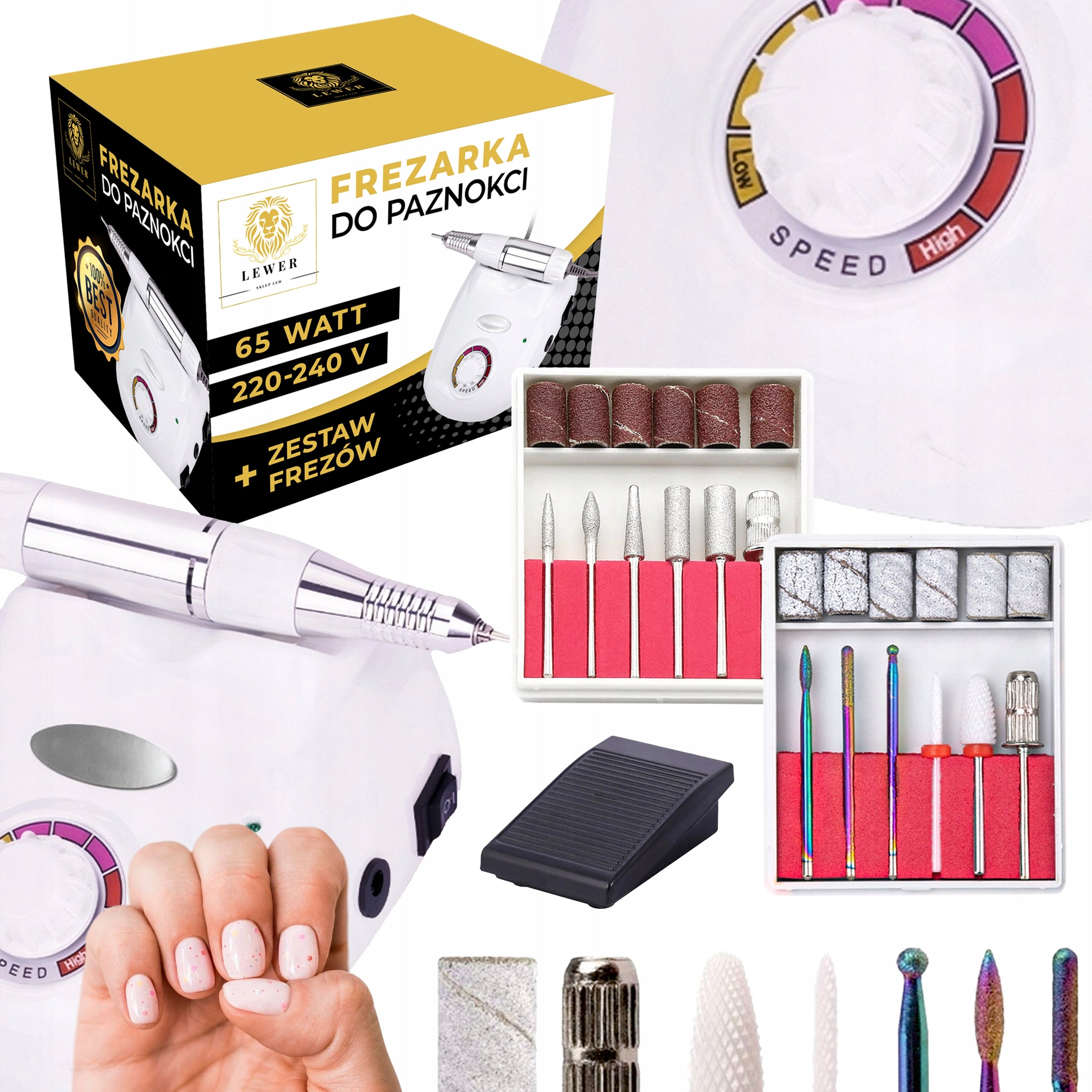 NAIL MILLING MACHINE MANICURE PEDICURE PROFESSIONAL POWER 65W FREEBIE CUTTERS Manufacturer code Szlifierka do Paznokci Mocna 2 Zestawy FREZÓW