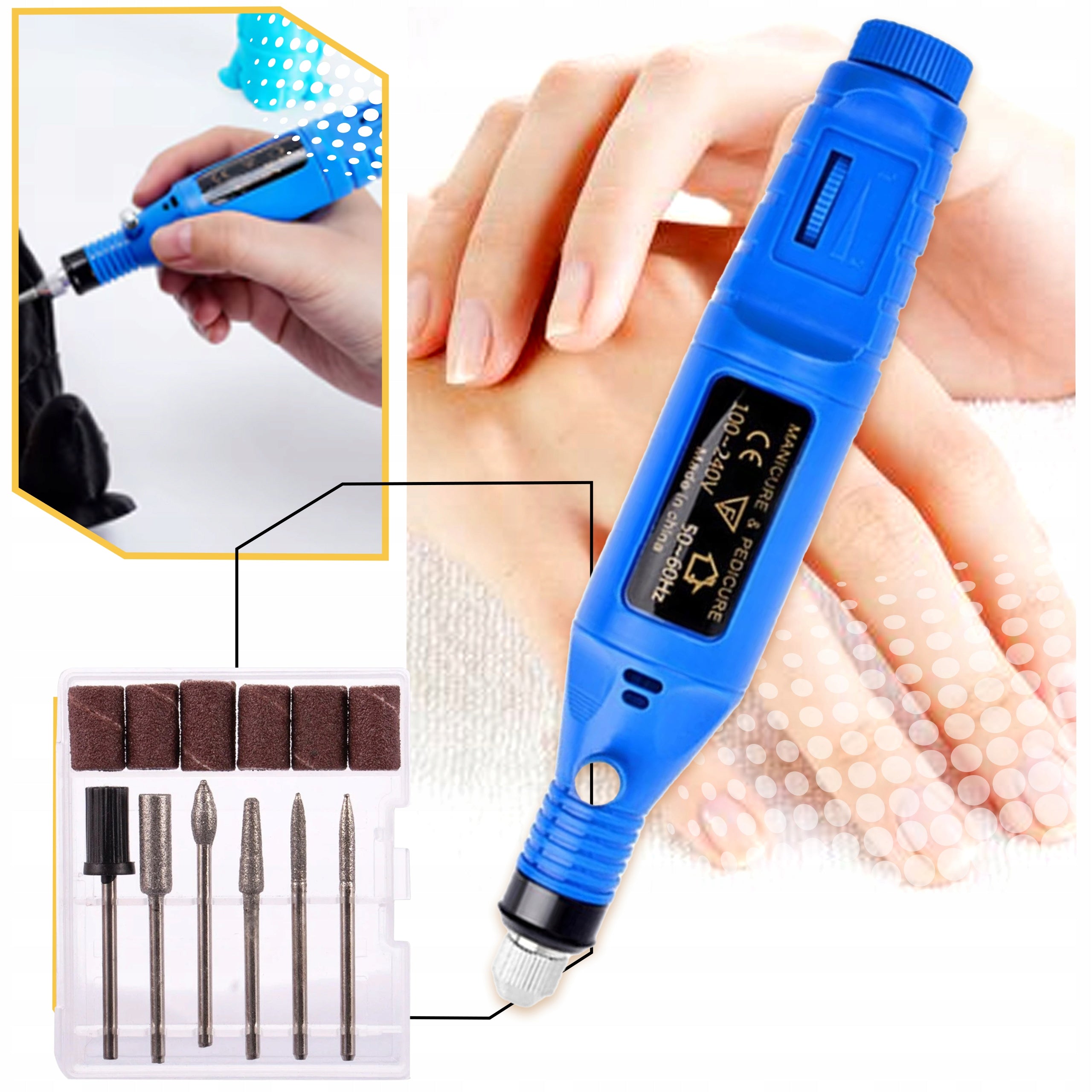 NAIL MILLING MACHINE UNIVERSAL MANICURE PEDICURE + interchangeable CUTTERS SET Manufacturer code frezarka do paznokci lakier żelowy hybrydowy