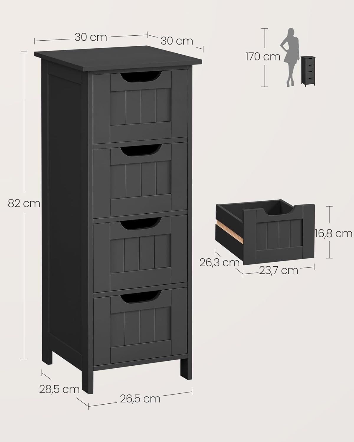 NARROW BATHROOM CABINET WITH 4 DRAWERS SPACIOUS MODERN FASHION 30x30x82cm Manufacturer code KOMODA Z DRZWIAMI SZARY 30X30X82CM
