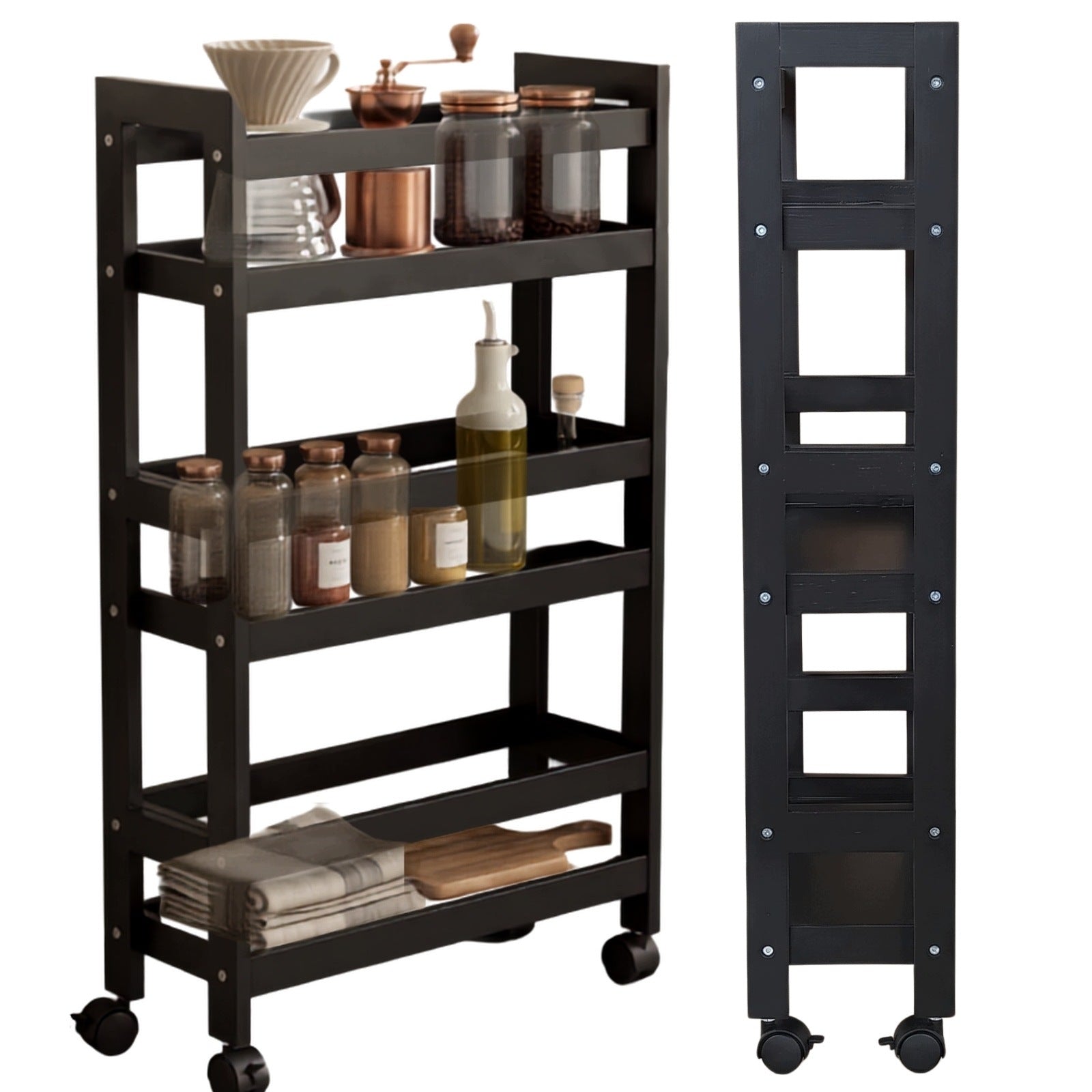 NARROW BATHROOM RACK ON WHEELS BAMBOO 38X15X76 CM BLACK 3 SHELVES