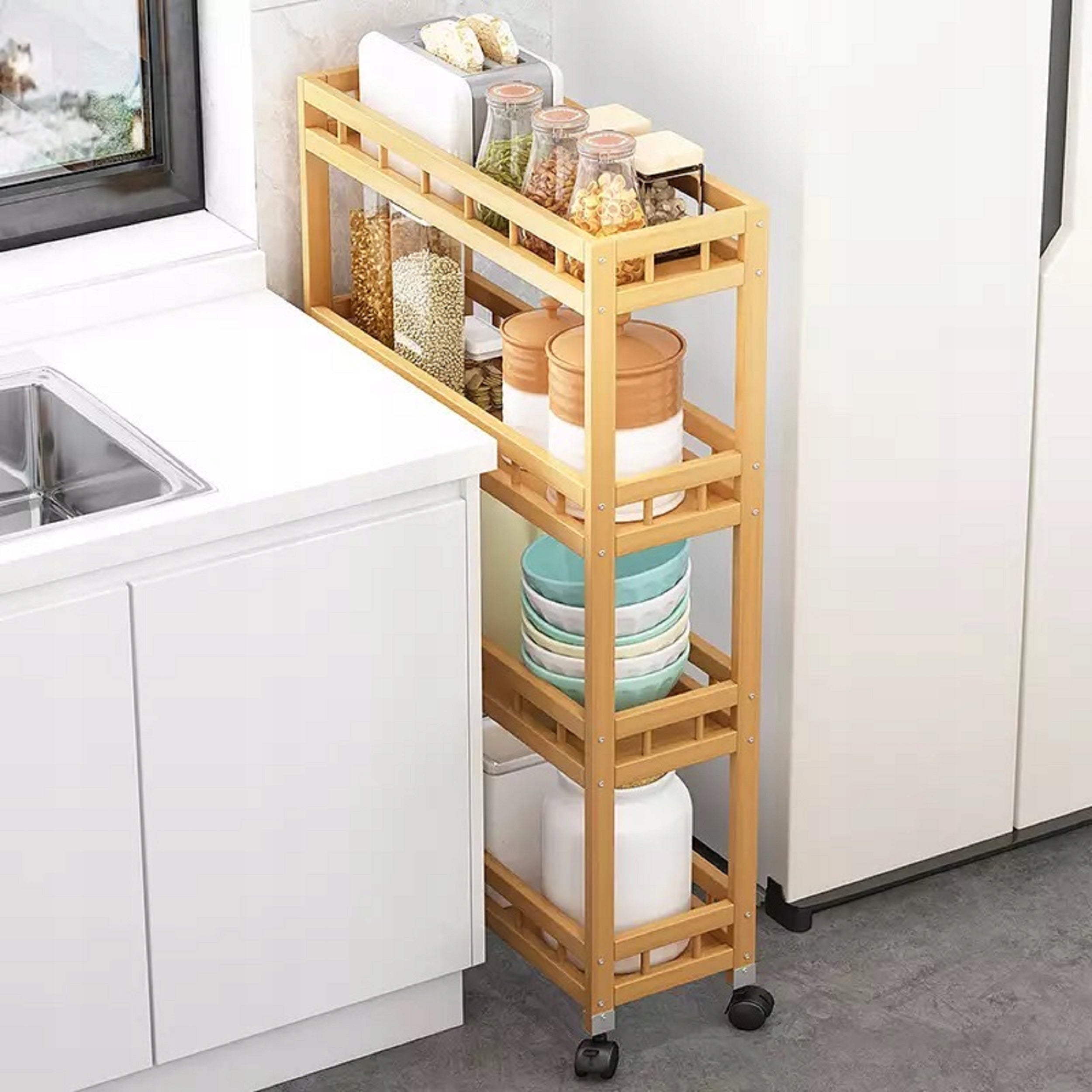 NARROW BOOKCASE ON WHEELS 3 SHELVES LBA-56 Furniture color shades of beige