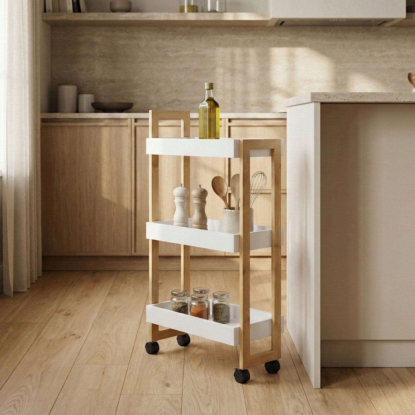 NARROW BOOKCASE ON WHEELS WIDTH 20 CM WHITE BAMBOO BATHROOM TROLLEY 3 SHELVES Brand NUXIO