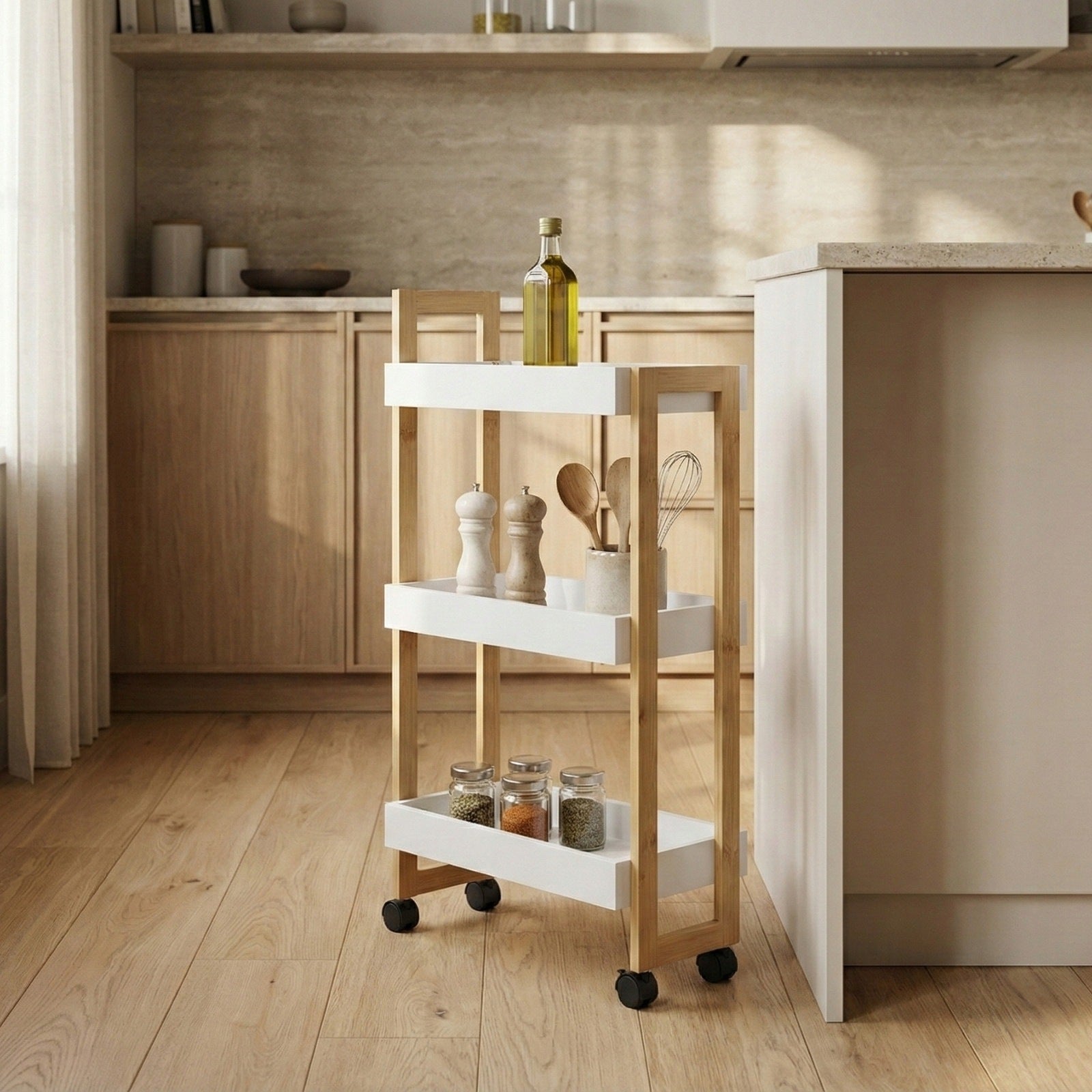 NARROW BOOKCASE ON WHEELS WIDTH 20 CM WHITE BAMBOO BATHROOM TROLLEY 3 SHELVES Furniture height 80 cm