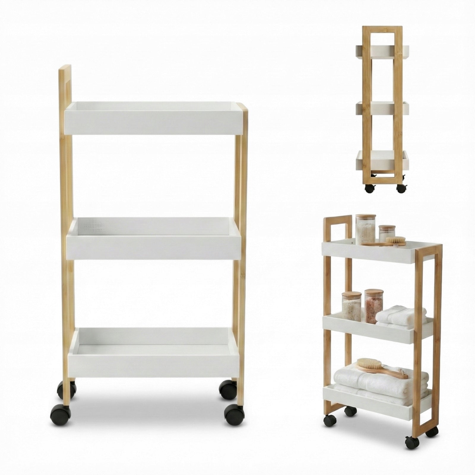 NARROW BOOKCASE ON WHEELS WIDTH 20 CM WHITE BAMBOO BATHROOM TROLLEY 3 SHELVES