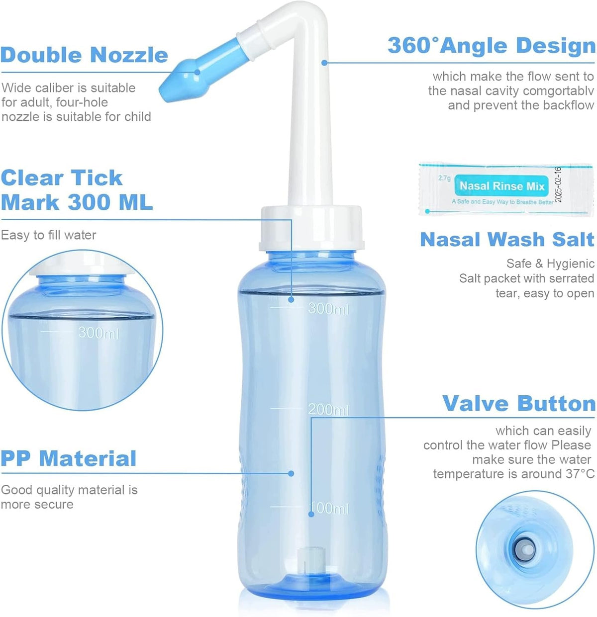 NASAL RINSE SET 300ML BOTTLE + 40 SACHETS OF BPA SALT