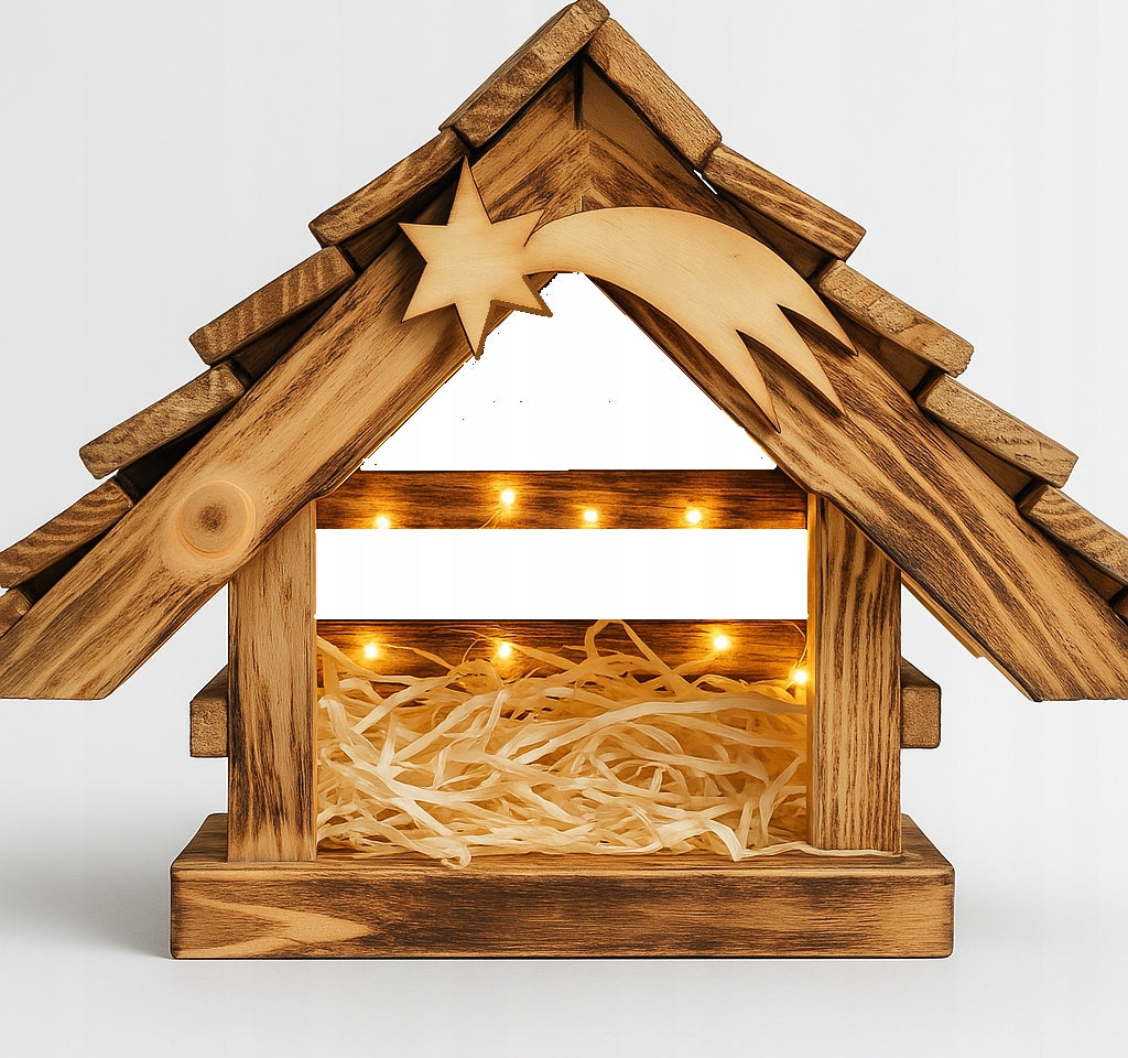 NATIVITY SCENE CHRISTMAS stable HANDMADE HAY AND LAMPS Manufacturer code 123