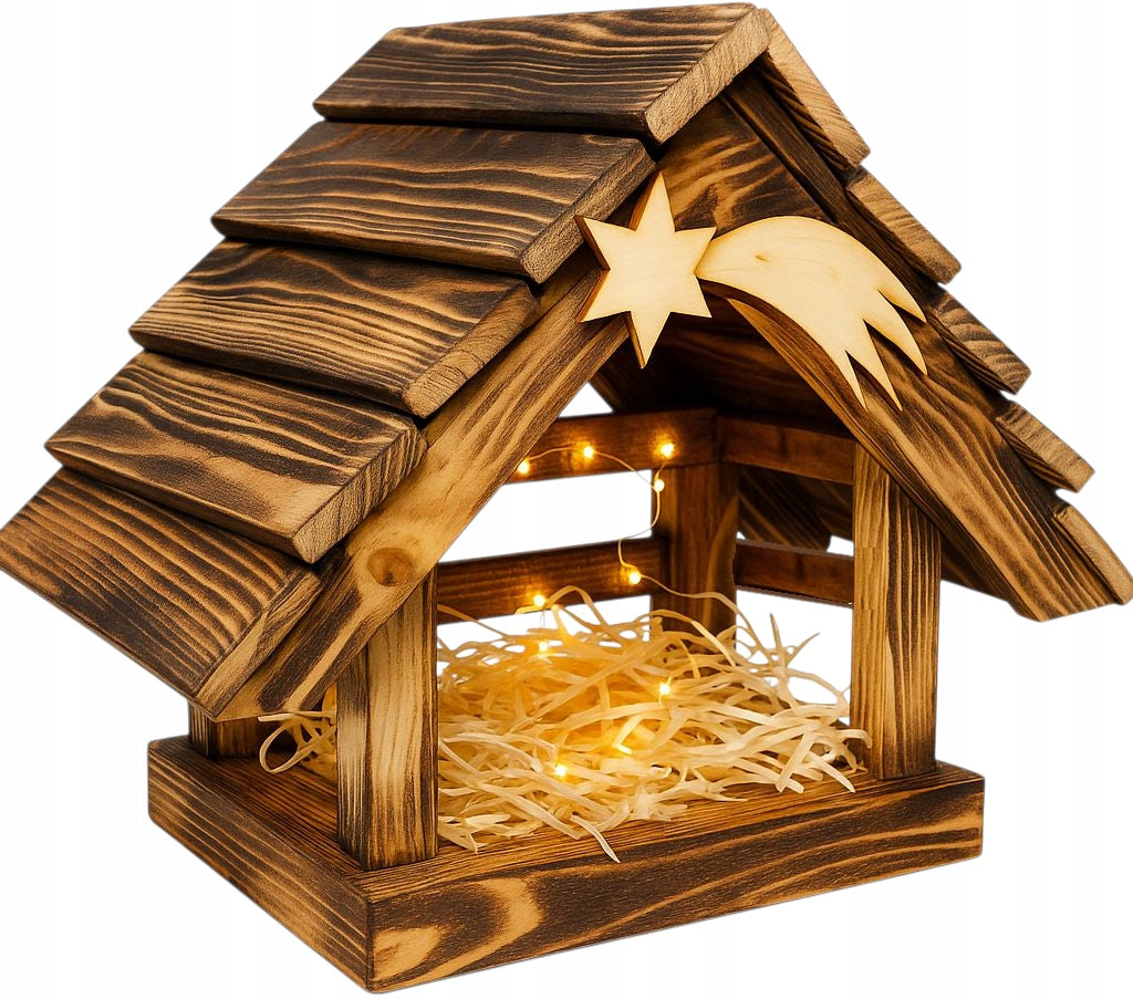 NATIVITY SCENE CHRISTMAS stable HANDMADE HAY AND LAMPS