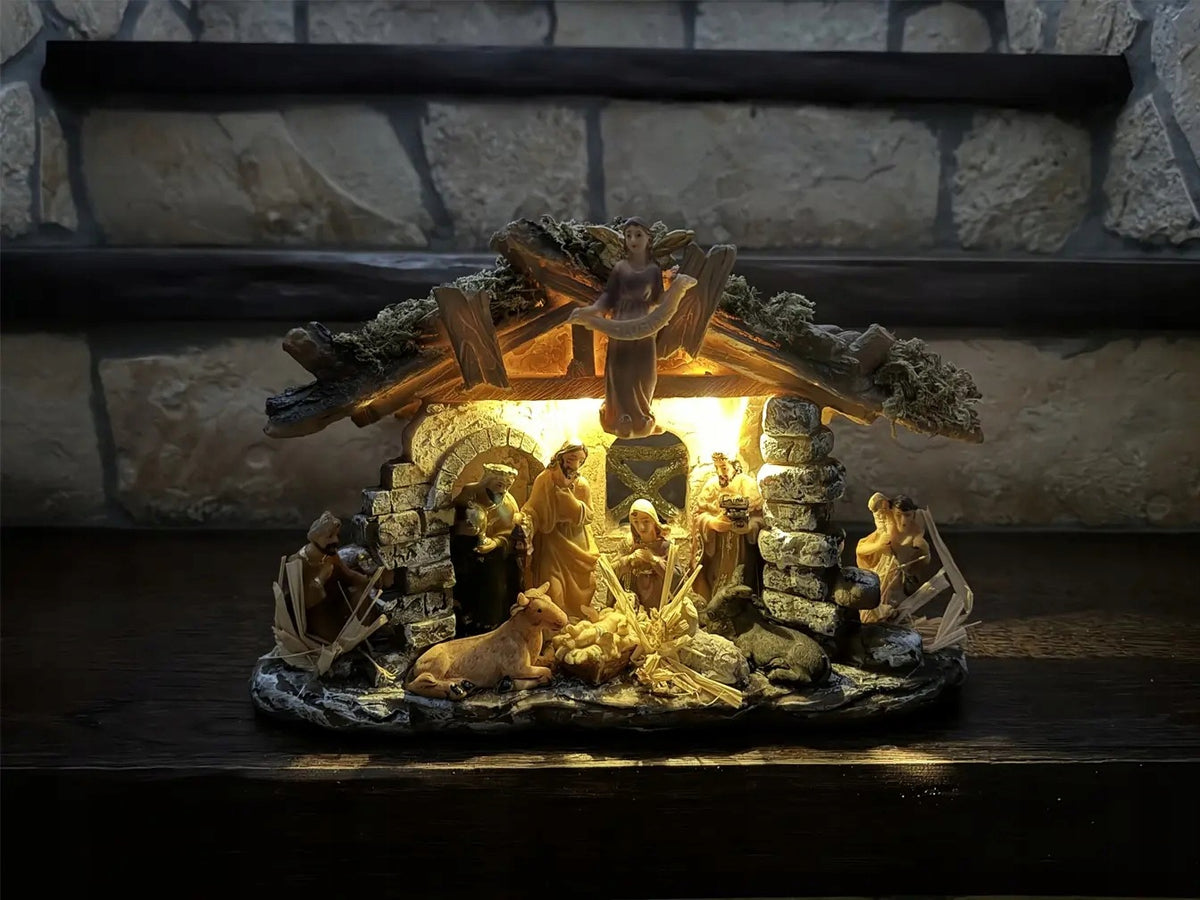 NATIVITY SCENE STONE 30 CM WITH LIGHTING AND STABLE FIGURES Manufacturer code 9214