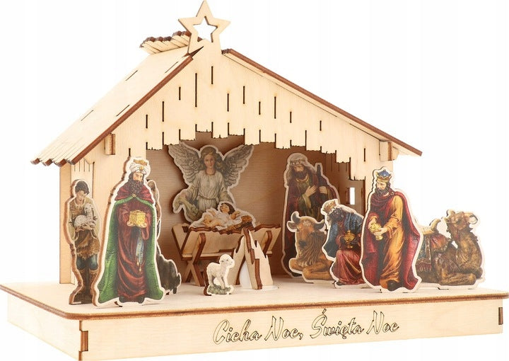 NATIVITY SCENE WOODEN STABLE WITH LED LIGHTING 25,5CM 3D V6 EAN (GTIN) 5904689110058