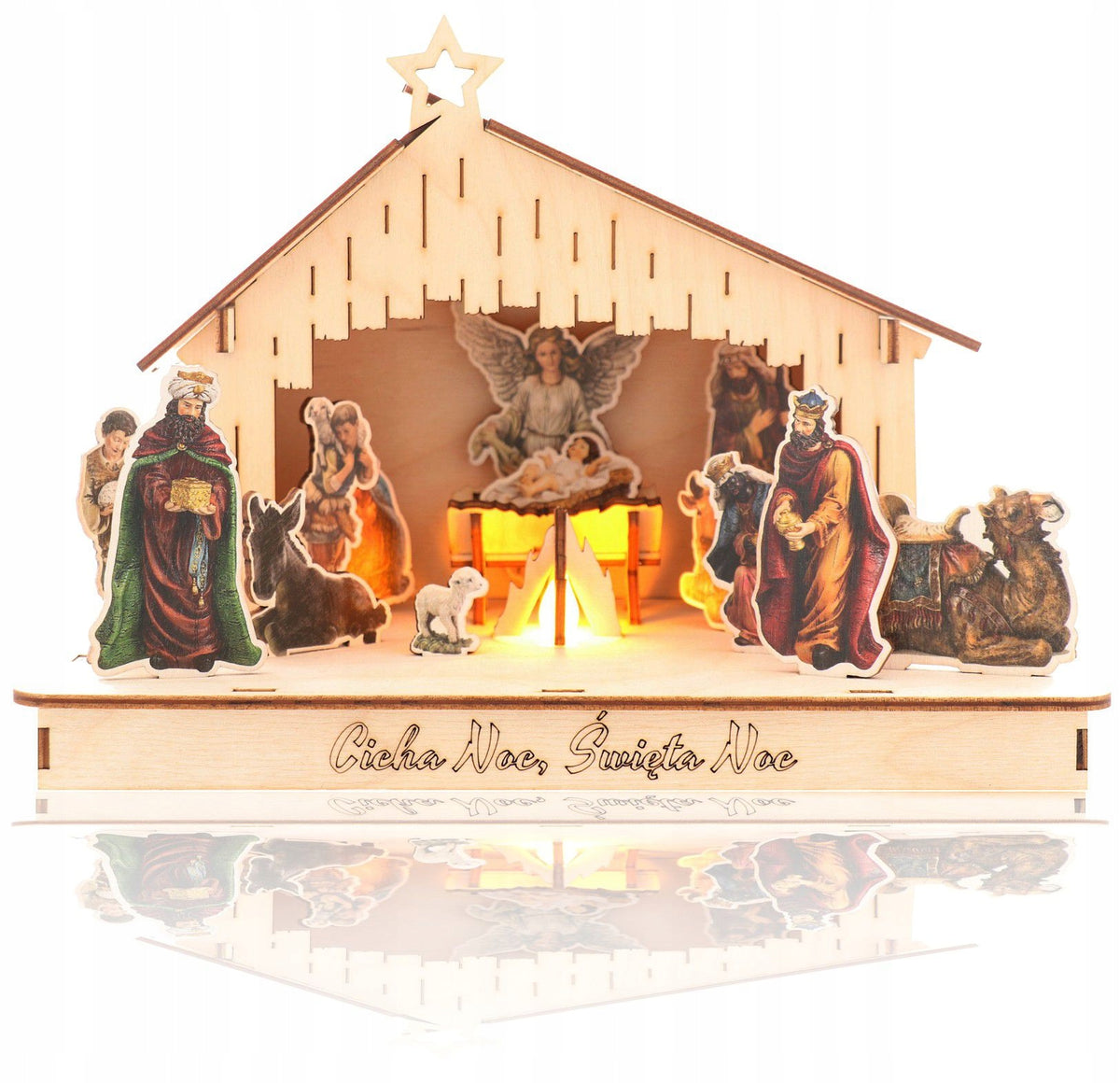 NATIVITY SCENE WOODEN STABLE WITH LED LIGHTING 25,5CM 3D V6