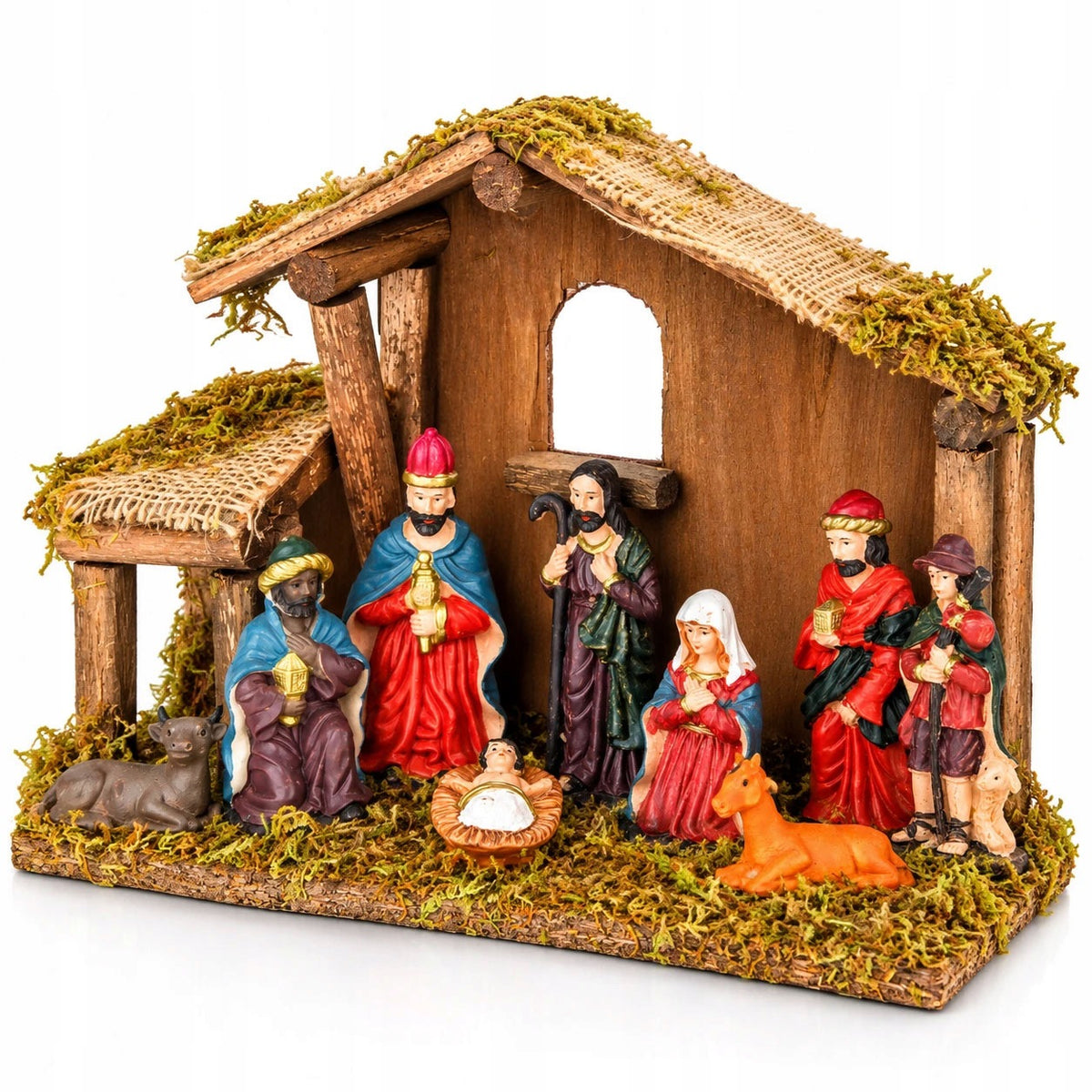 NATIVITY SCENE wooden with ceramic figurines stable 30 cm
