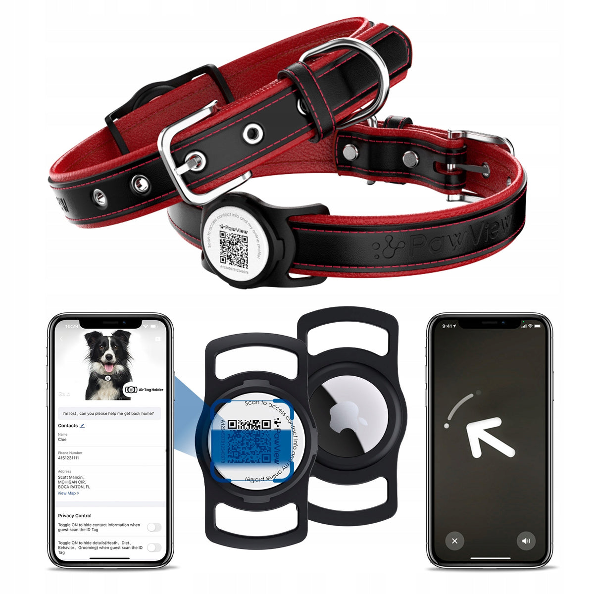 NATURAL LEATHER DOG COLLAR PawView AirTag case recipient QR TAG 2in1