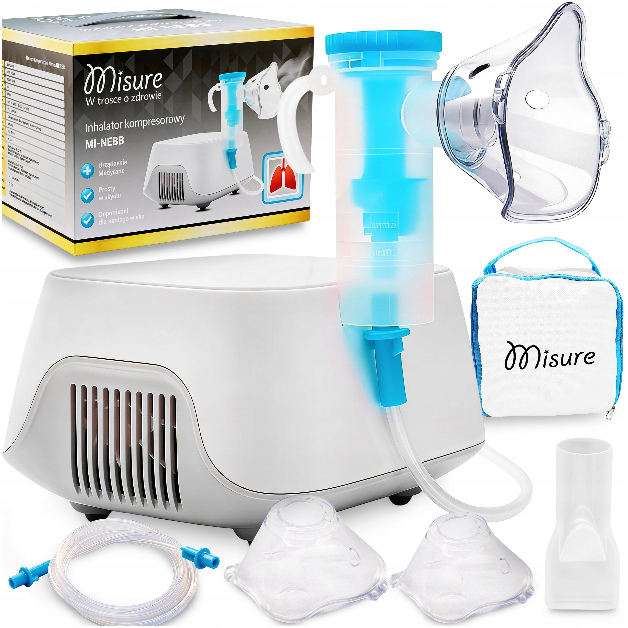 NEBULISER INHALER FOR ADULTS AND CHILDREN MISURE PISTON + 2 MASKS CASE