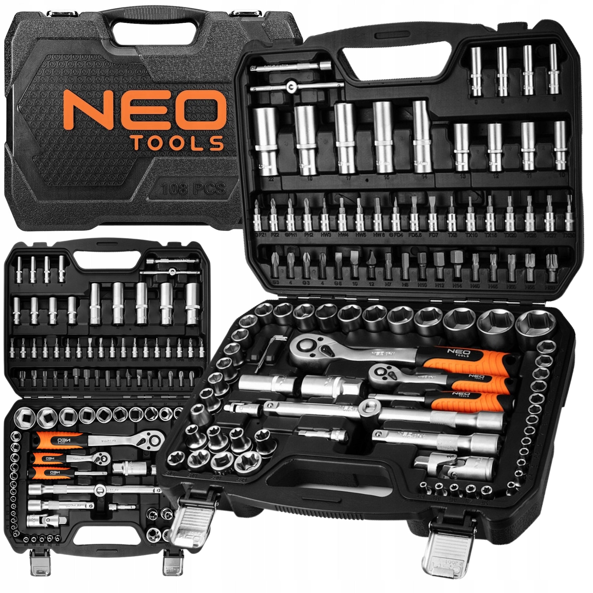 NEO TOOLS Socket Wrench Set 108 el. 1/2" 1/4" Suitcase Stainless Steel