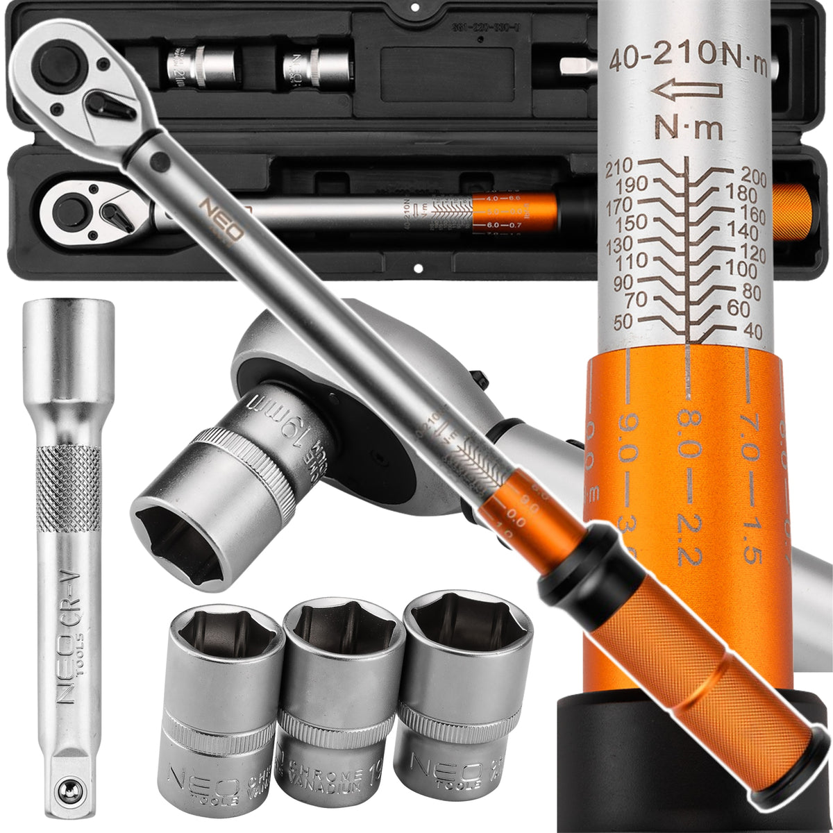 NEO TOOLS TORQUE WRENCH 40-210NM + 3 SOCKETS 17, 19, 21 MM + - 3%