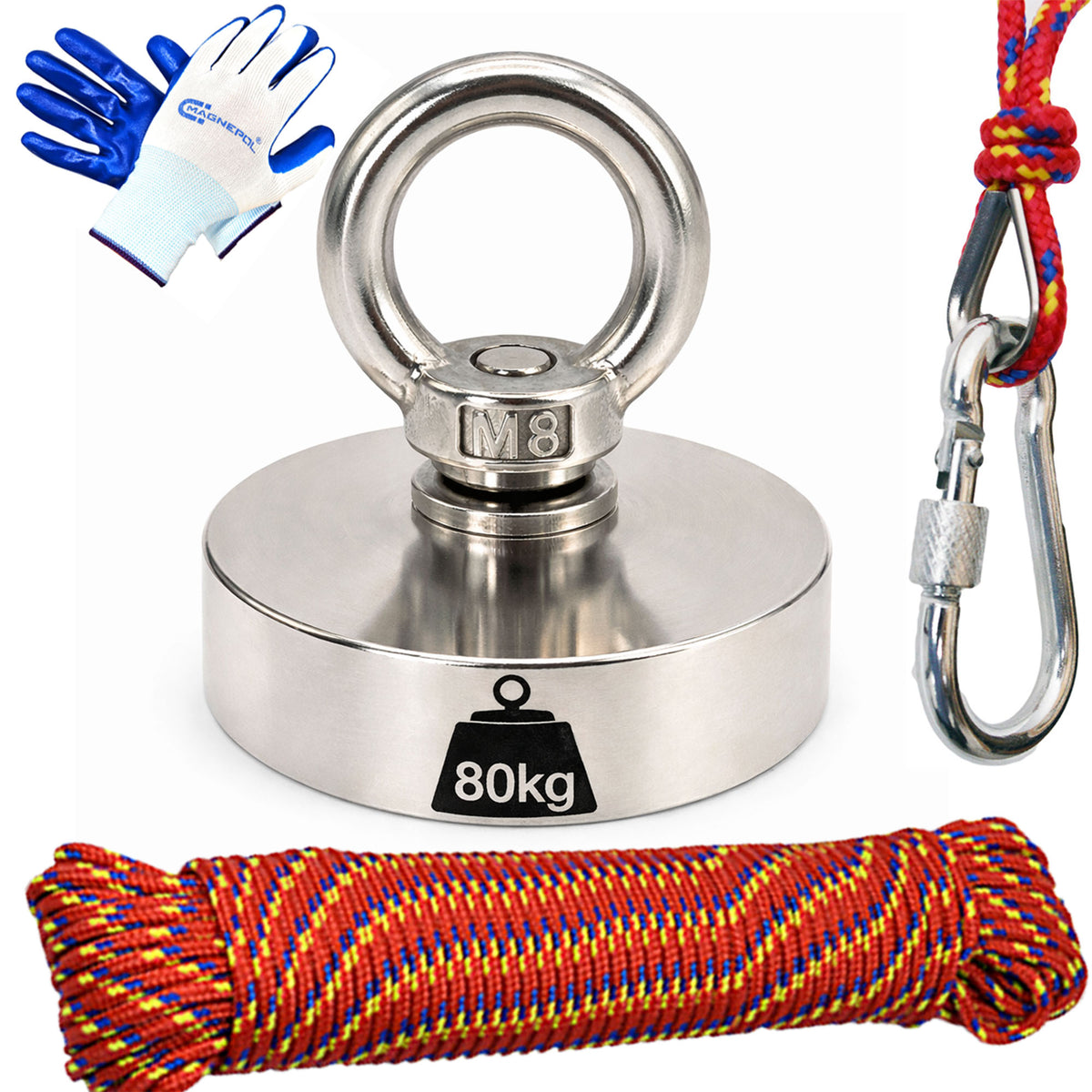 NEODYMIUM MAGNET 80kg Ø42 H9 mm | N52 handle 80 kg STRONG | with ear + ROPE