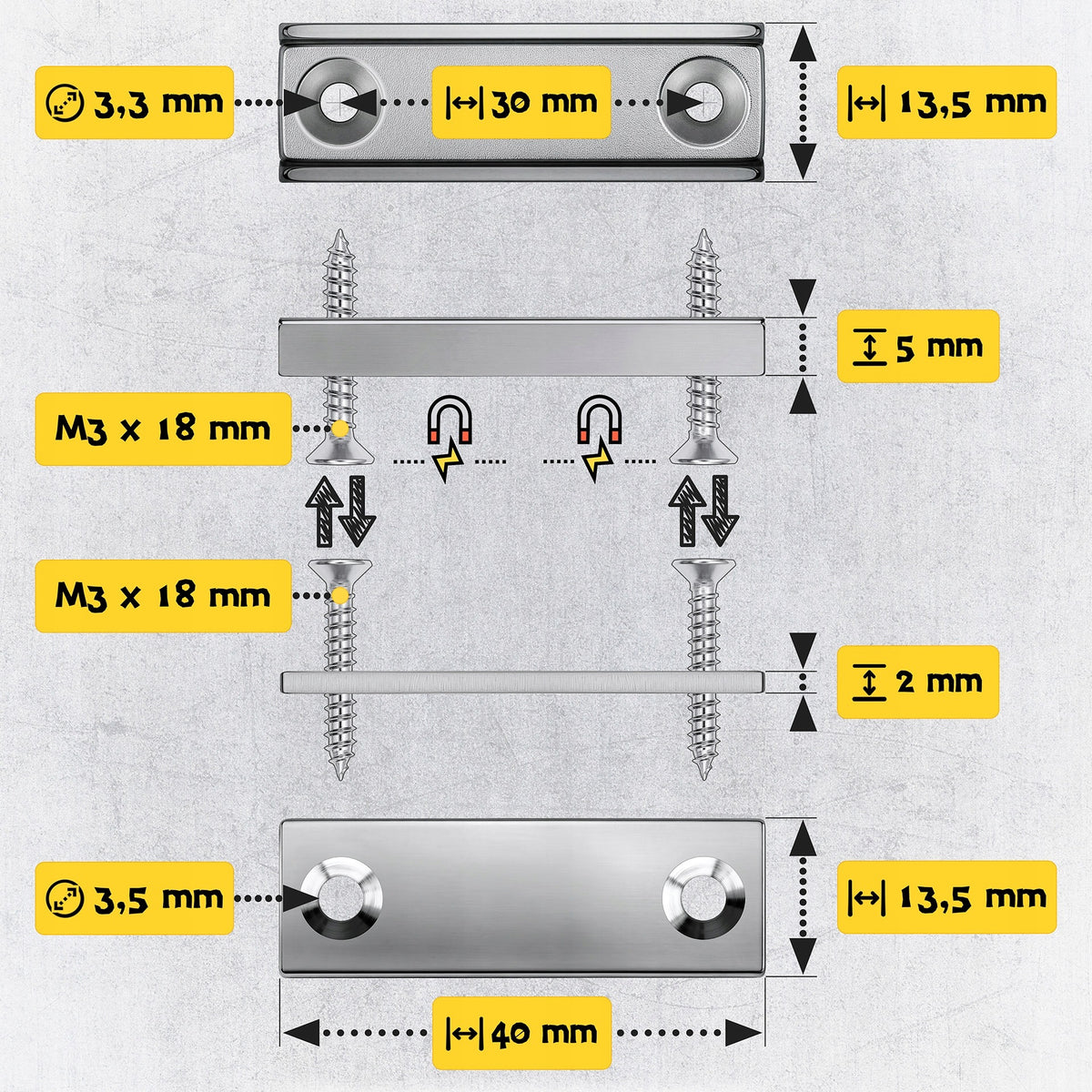 NEODYMIUM PLATE MAGNET 40x13,5x5 mm + Washer, Screw hole, 4 pcs. Packaging status original