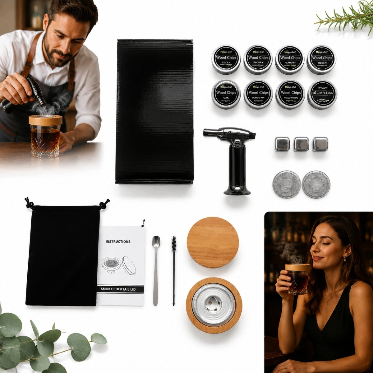 NEW 19PCS SMOKING SET WHISKEY SMOKER IN CRATE GIFT FOR GUY