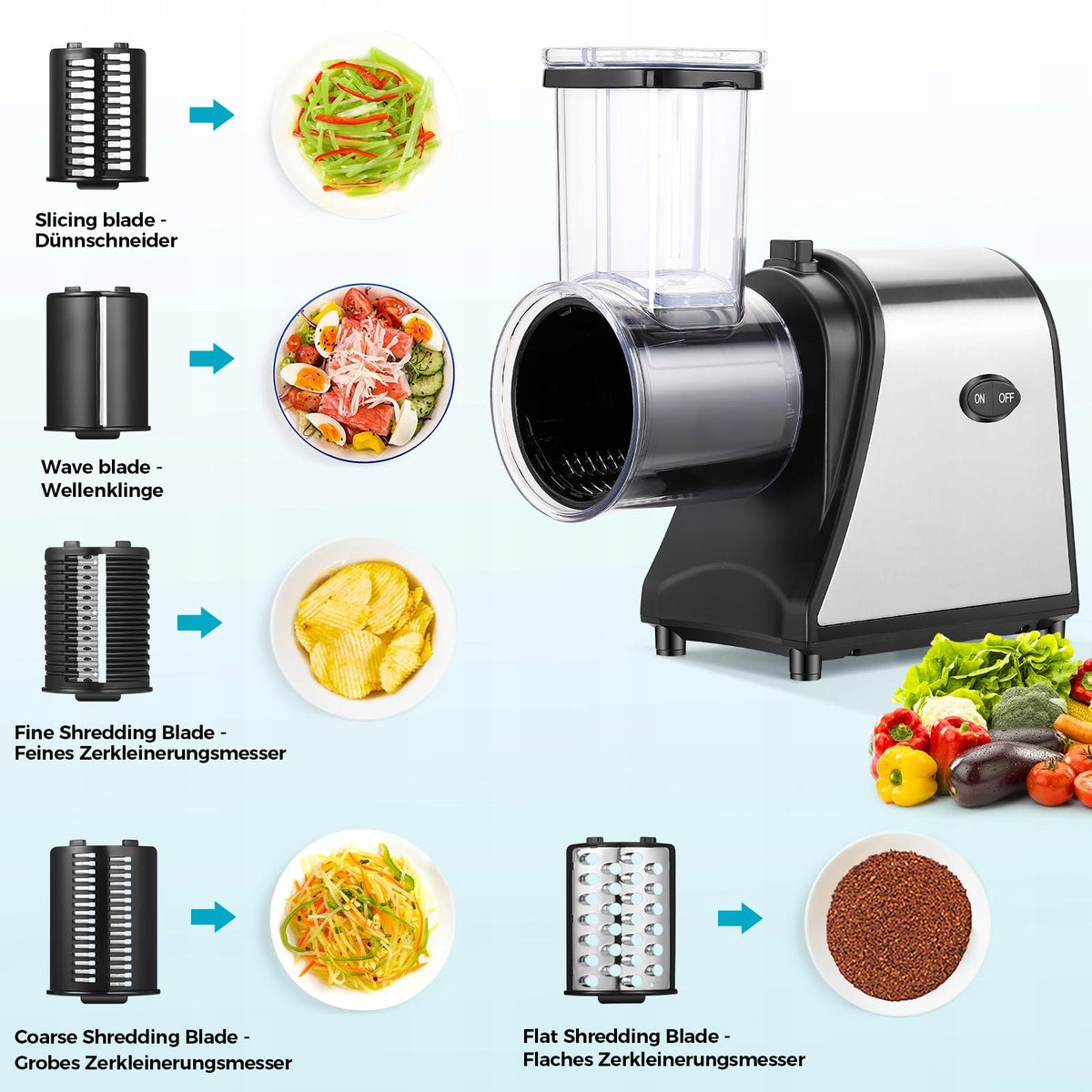 NICTEMAW Electric Vegetable Slicer 250W 5 Blades Large Inlet Packaging status original