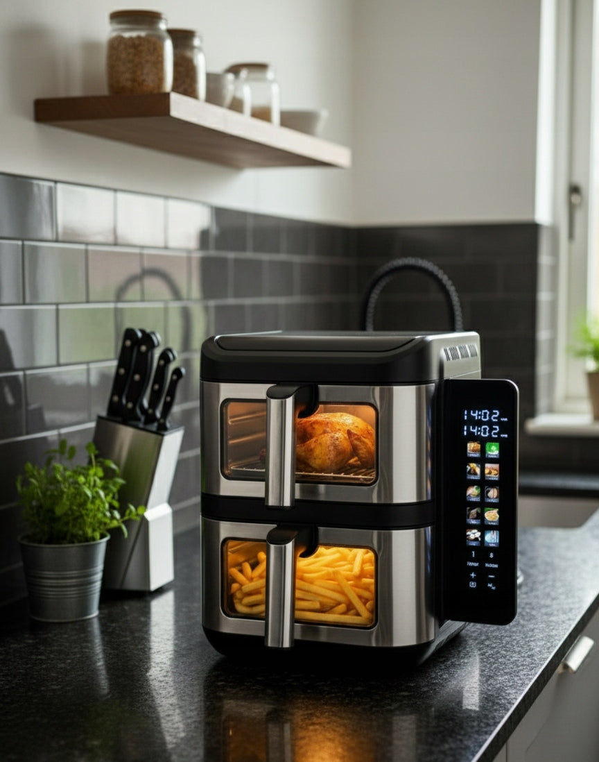 NON-FAT VERTICAL AIR FRYER XXL 11L 2800W AIR FRYER TWO-CHAMBER BASS Model FRYTKOWNICA PIONOWA DWUKOMOROWA AIR FRYER 11L BASS