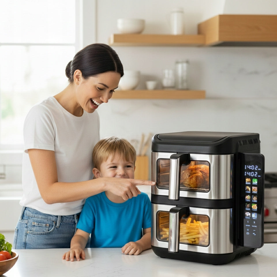 NON-FAT VERTICAL AIR FRYER XXL 11L 2800W AIR FRYER TWO-CHAMBER BASS Packaging status original