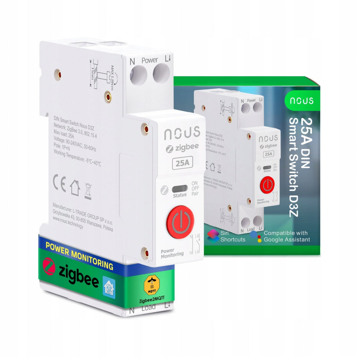 NOUS D3Z ZigBee 3.0 Circuit Breaker DIN 25A Control Smart Home Alexa Google