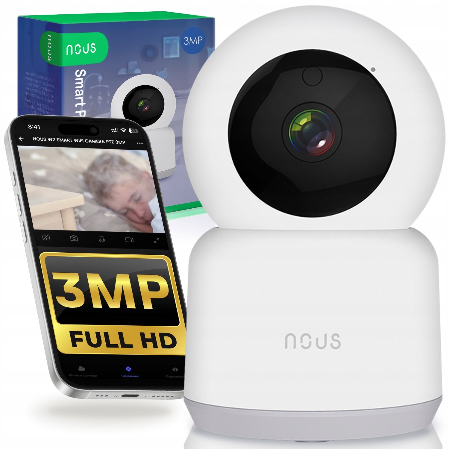 NOUS W2 WiFi PTZ Camera 3MP Rotating Night Motion Detection Alexa Google