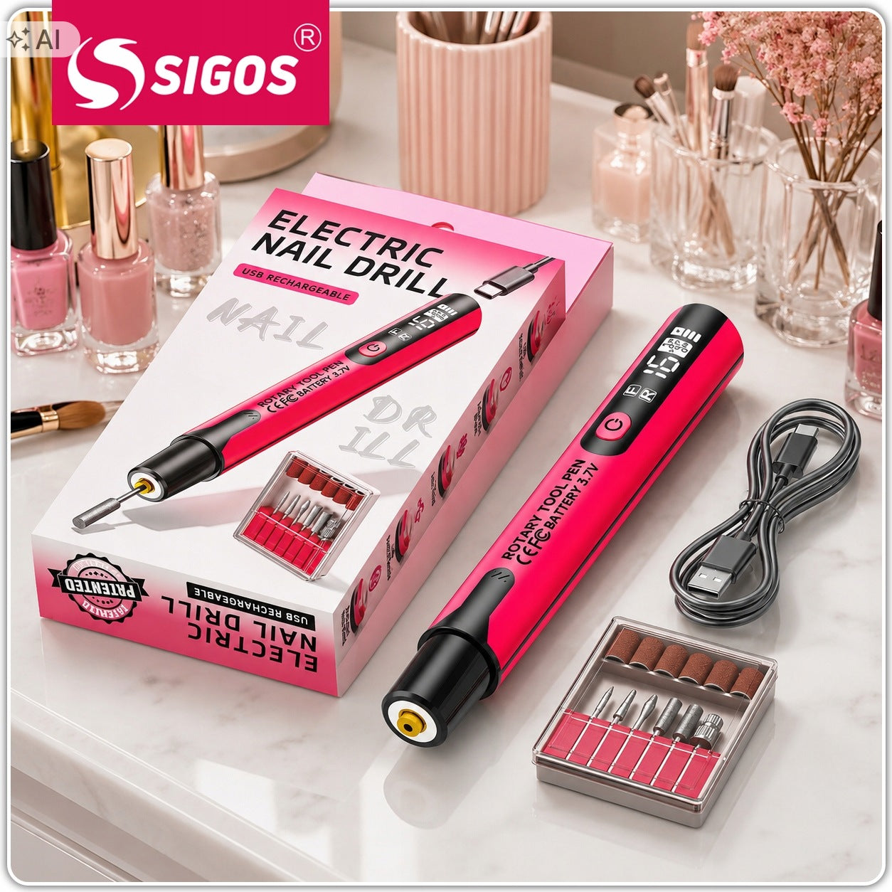 Nail Milling Machine Electric Wireless USB-C LED + Cutters Set Packaging status original