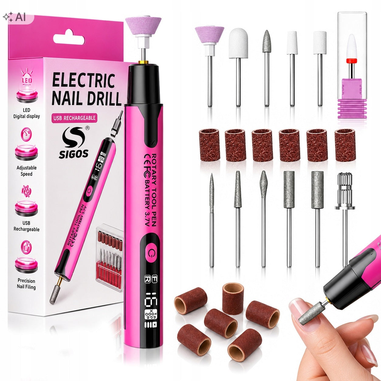 Nail Milling Machine Electric Wireless USB-C LED + Cutters Set