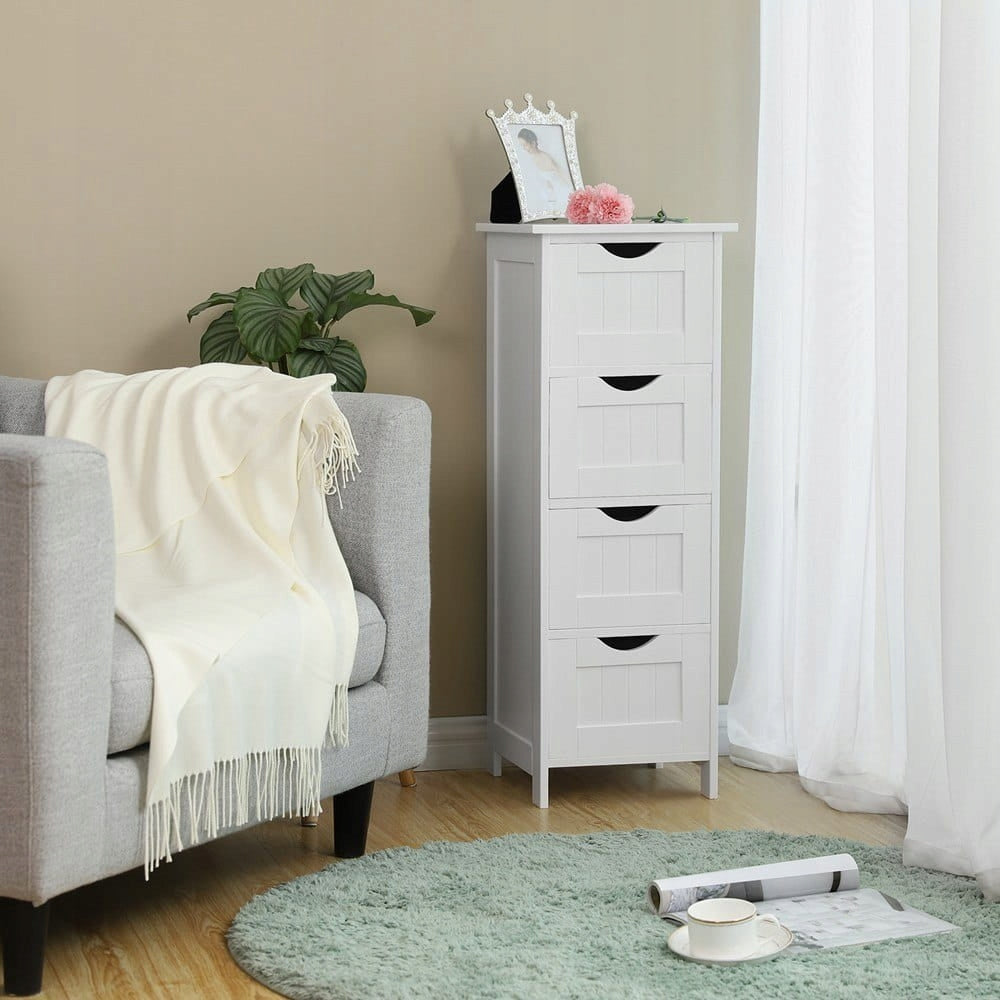 Narrow Bathroom Cabinet Standing Post 4 Drawers White Furniture color white