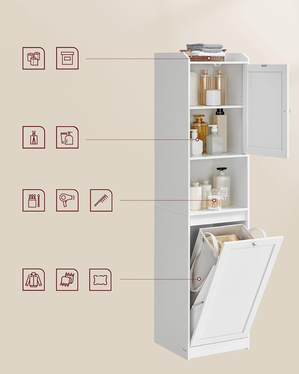 Narrow Bookcase Bathroom Post WHITE 2in1 Cabinet with Laundry Basket Shelf Furniture depth 40 cm